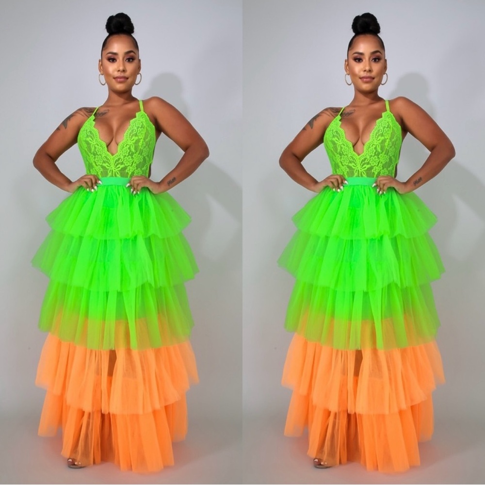 Vibrant Green and Orange Maxi Skirt